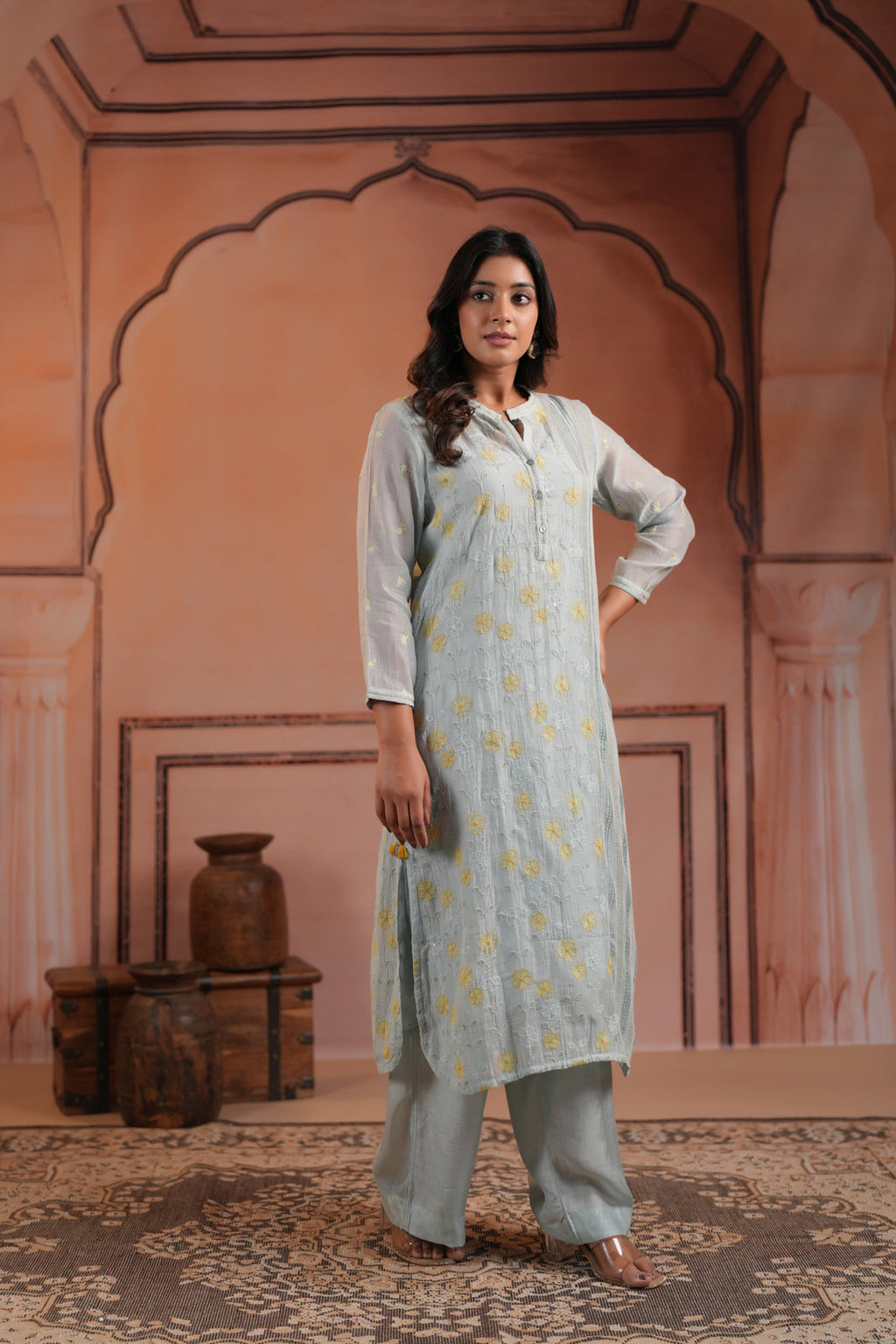 Aqua Blue Cotton Floral Embroided Kurti Top With Matching Palazzo Pant