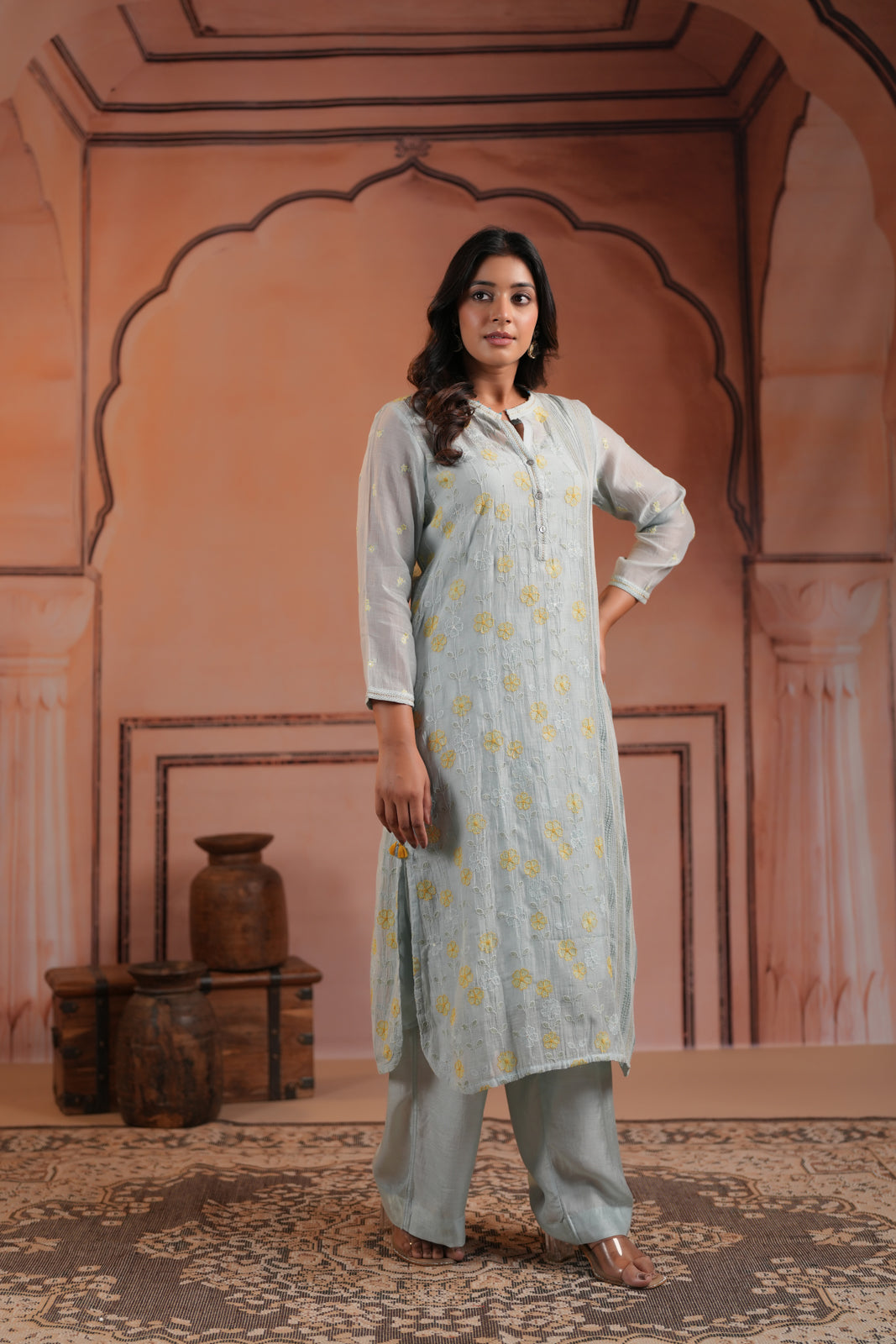 Aqua Blue Cotton Floral Embroided Kurti Top With Matching Palazzo Pant