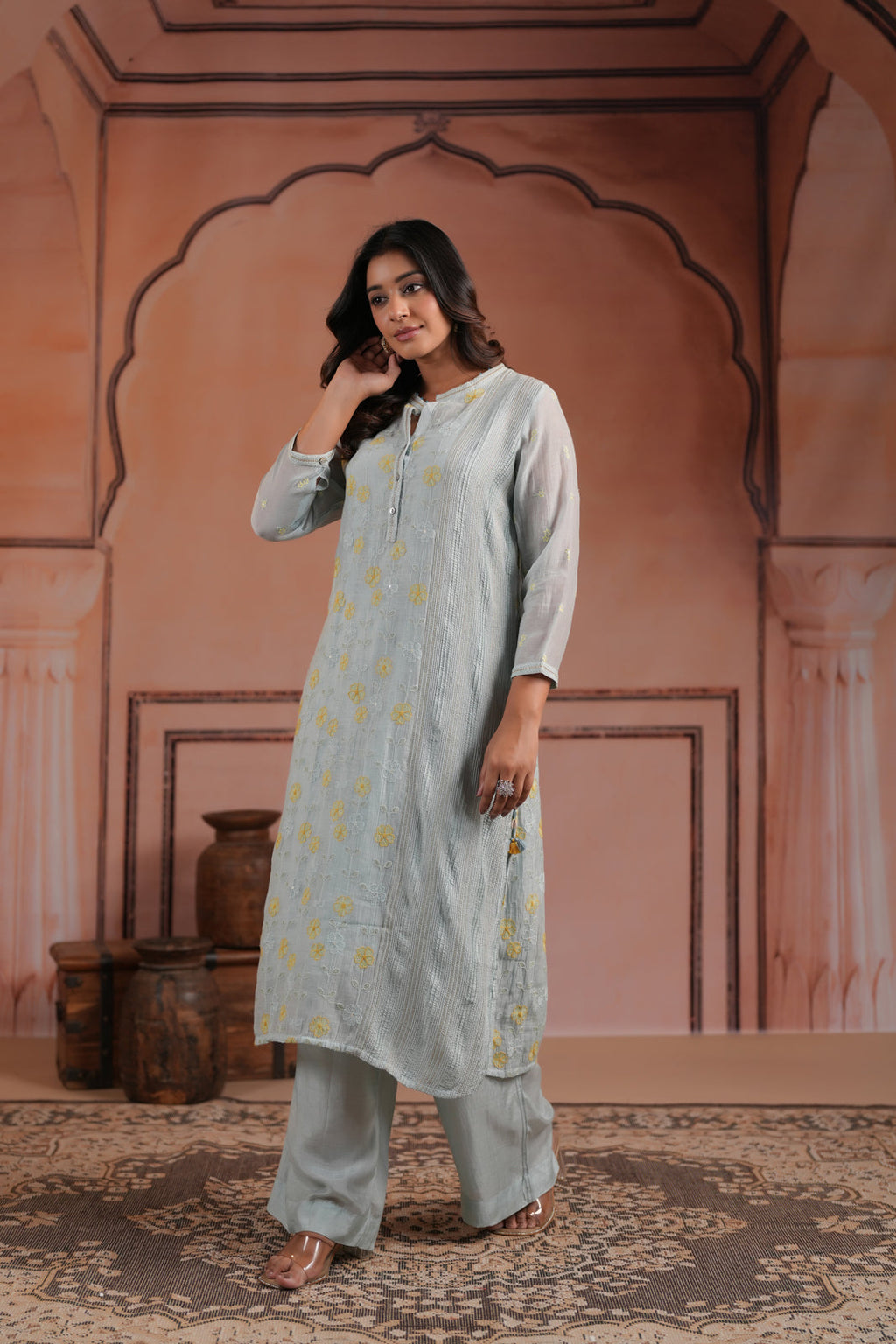 Aqua Blue Cotton Floral Embroided Kurti Top With Matching Palazzo Pant