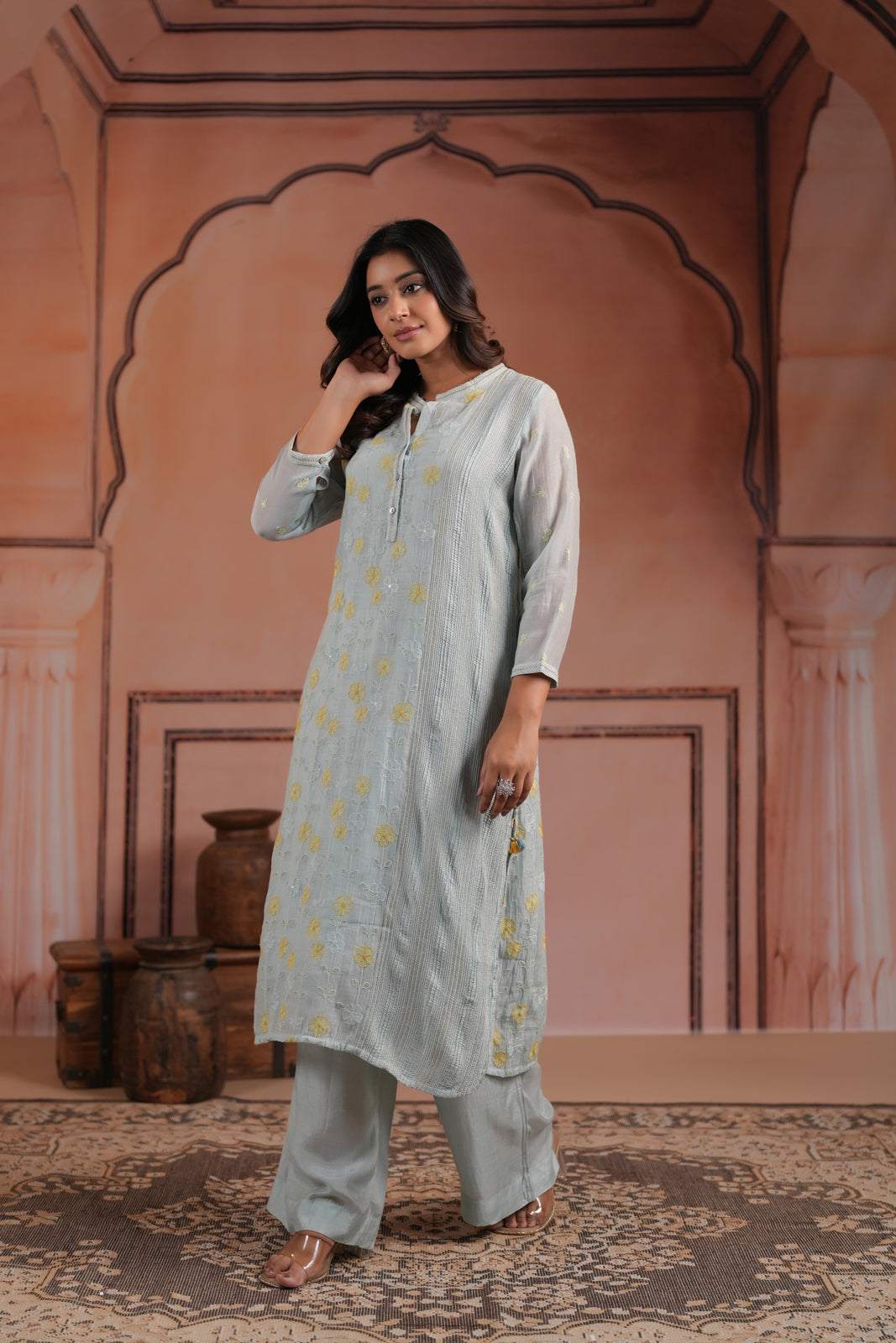 Aqua Blue Cotton Floral Embroided Kurti Top With Matching Palazzo Pant