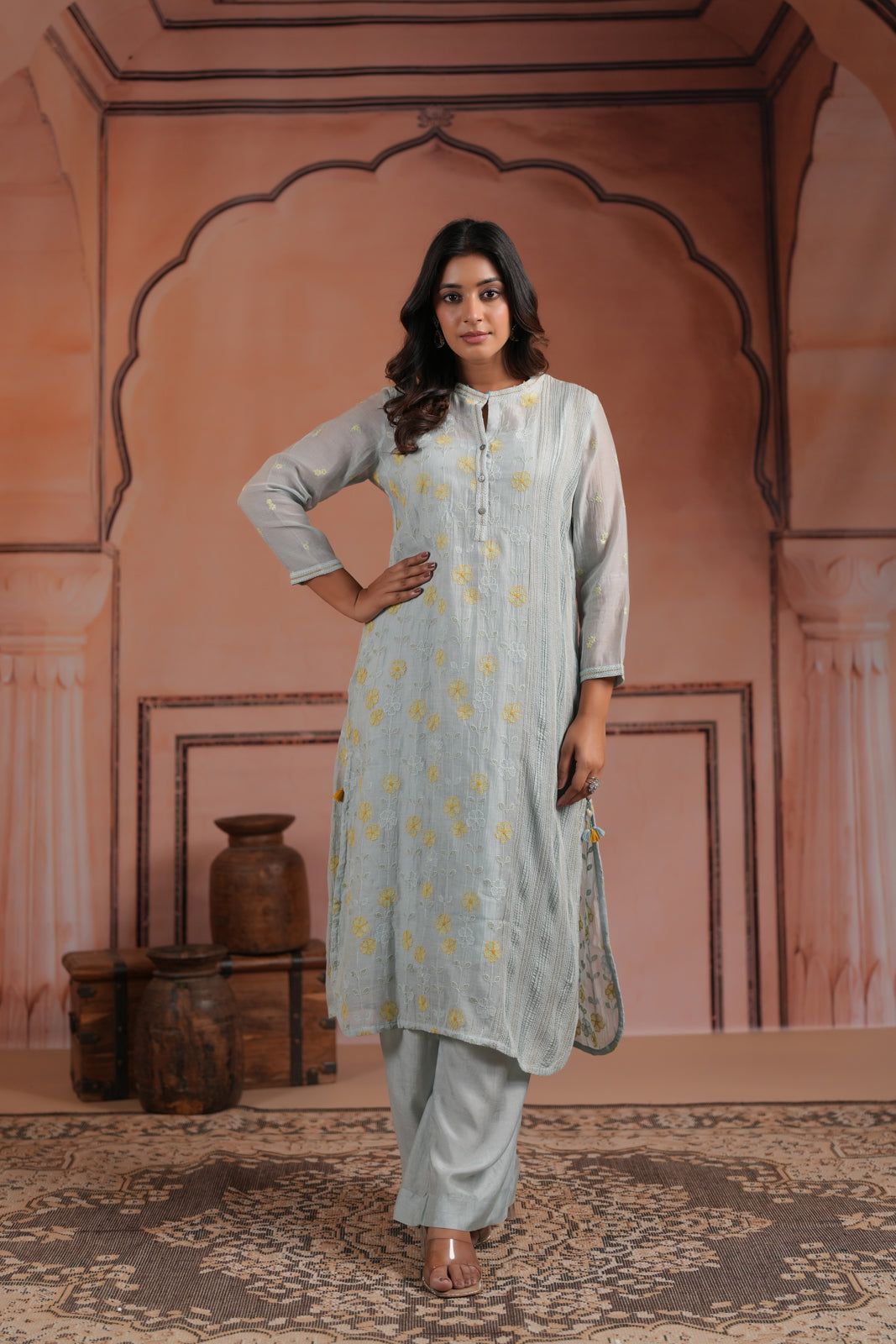 Aqua Blue Cotton Floral Embroided Kurti Top With Matching Palazzo Pant