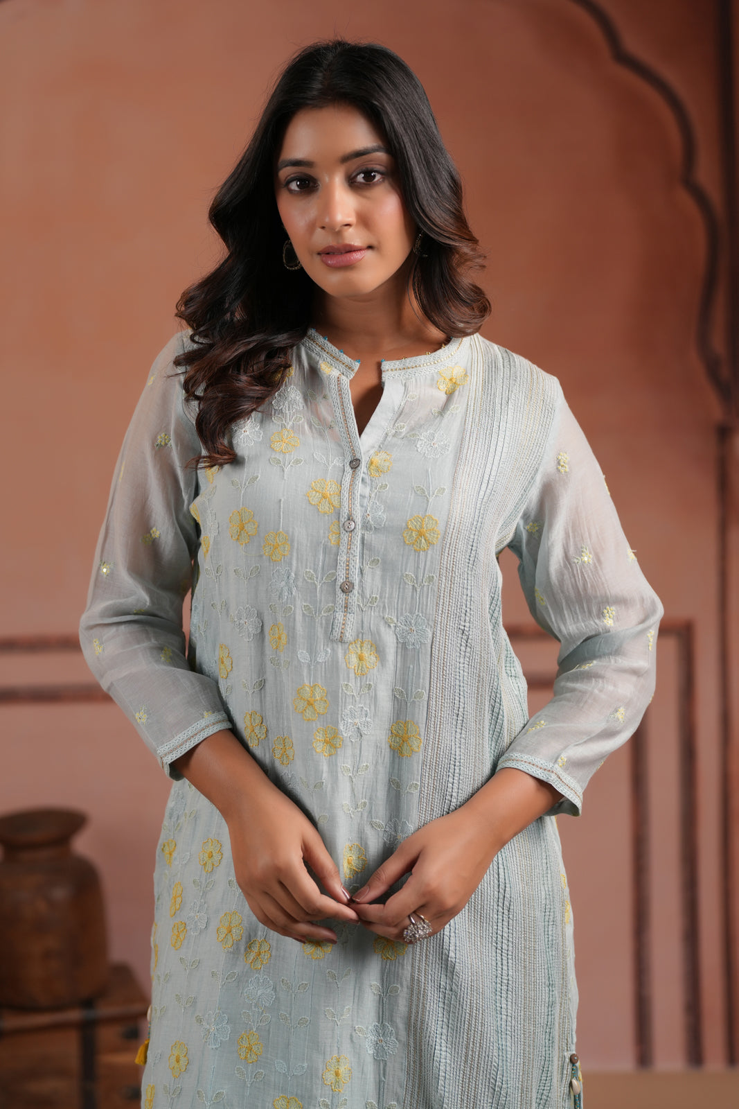 Aqua Blue Cotton Floral Embroided Kurti Top With Matching Palazzo Pant