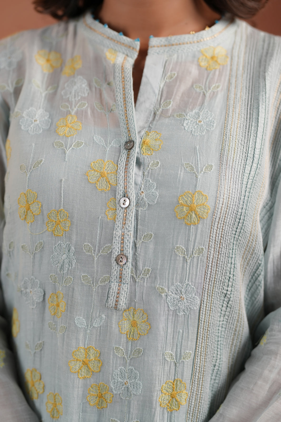 Aqua Blue Cotton Floral Embroided Kurti Top With Matching Palazzo Pant