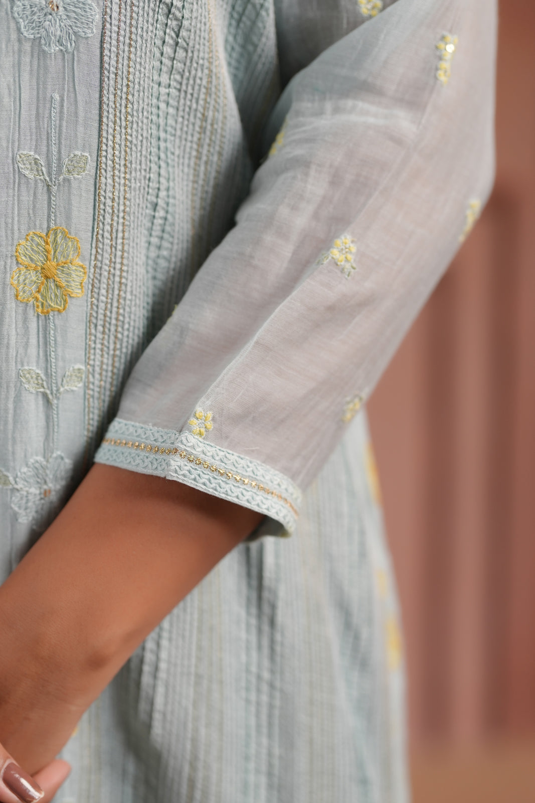 Aqua Blue Cotton Floral Embroided Kurti Top With Matching Palazzo Pant