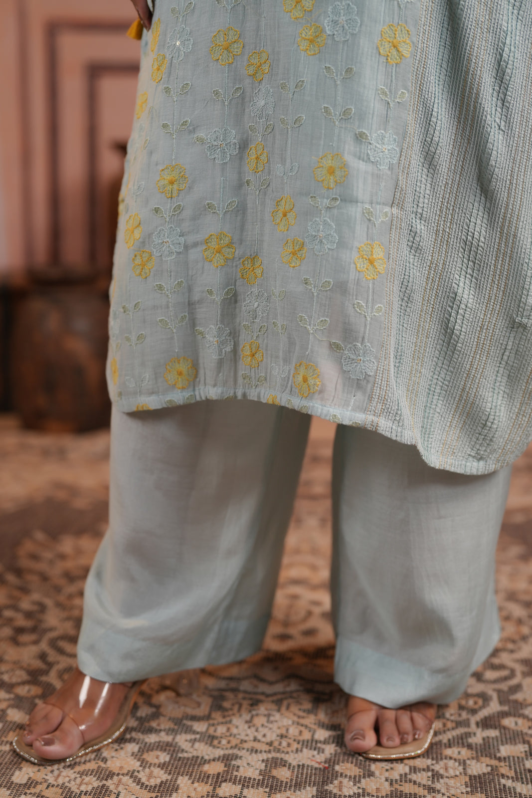Aqua Blue Cotton Floral Embroided Kurti Top With Matching Palazzo Pant