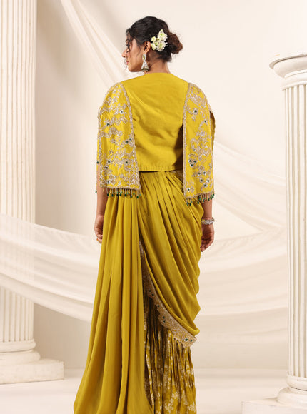 Mustard Yellow Banarasi Indo Western Fusion Outfit With Crop Top Saree-Style Dreap Sharara Pant & Embellish Jacket