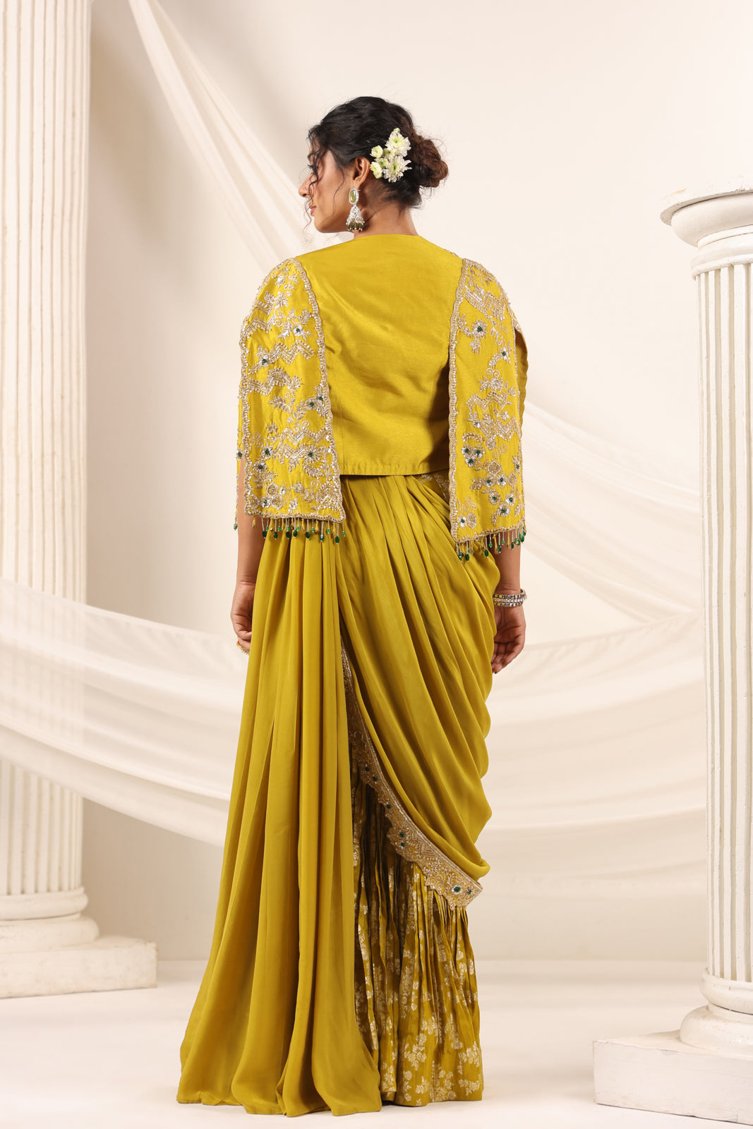 Mustard Yellow Banarasi Indo Western Fusion Outfit With Crop Top Saree-Style Dreap Sharara Pant & Embellish Jacket