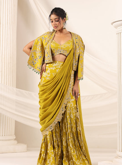 Mustard Yellow Banarasi Indo Western Fusion Outfit With Crop Top Saree-Style Dreap Sharara Pant & Embellish Jacket