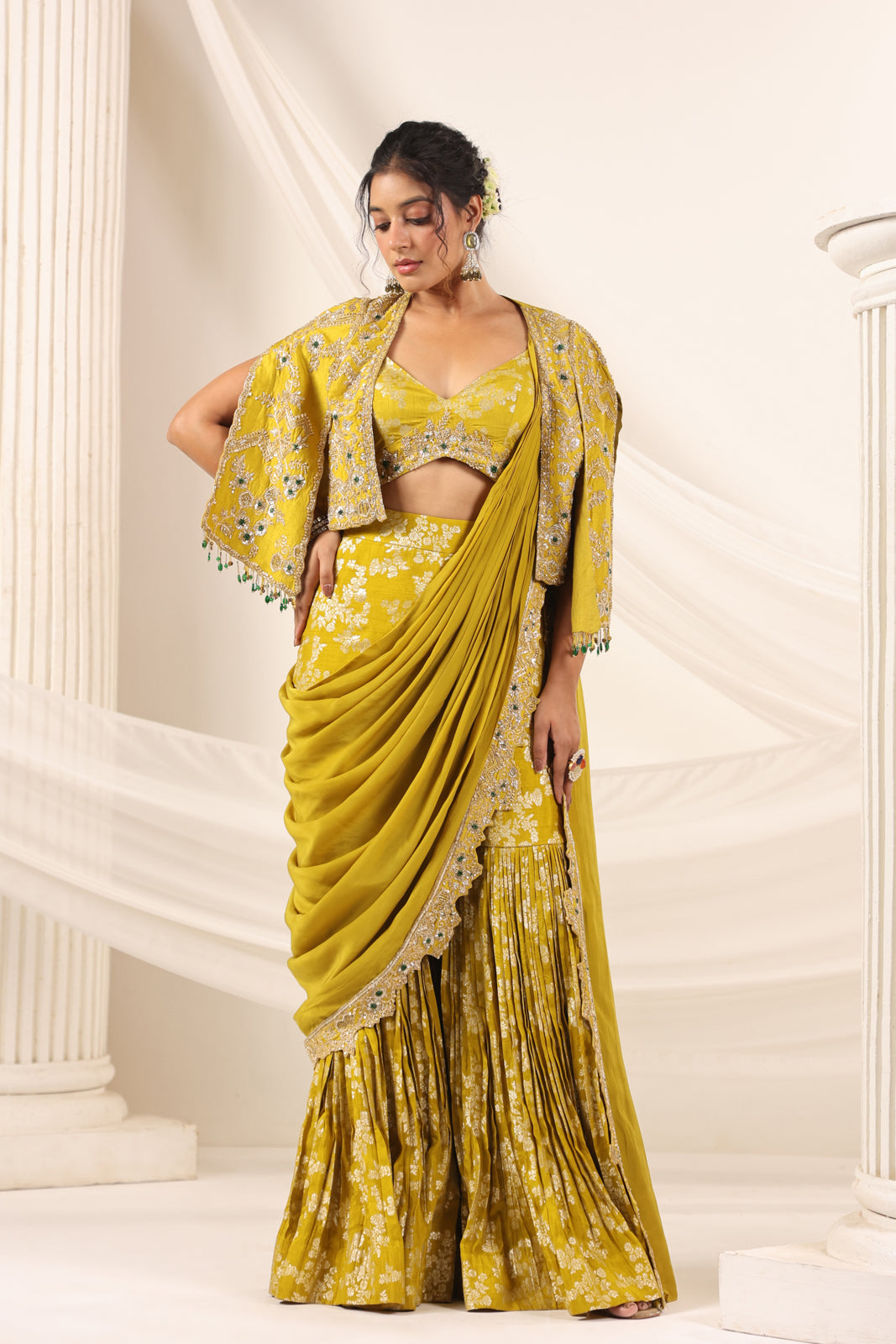 Mustard Yellow Banarasi Indo Western Fusion Outfit With Crop Top Saree-Style Dreap Sharara Pant & Embellish Jacket