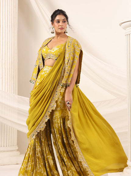 Mustard Yellow Banarasi Indo Western Fusion Outfit With Crop Top Saree-Style Dreap Sharara Pant & Embellish Jacket