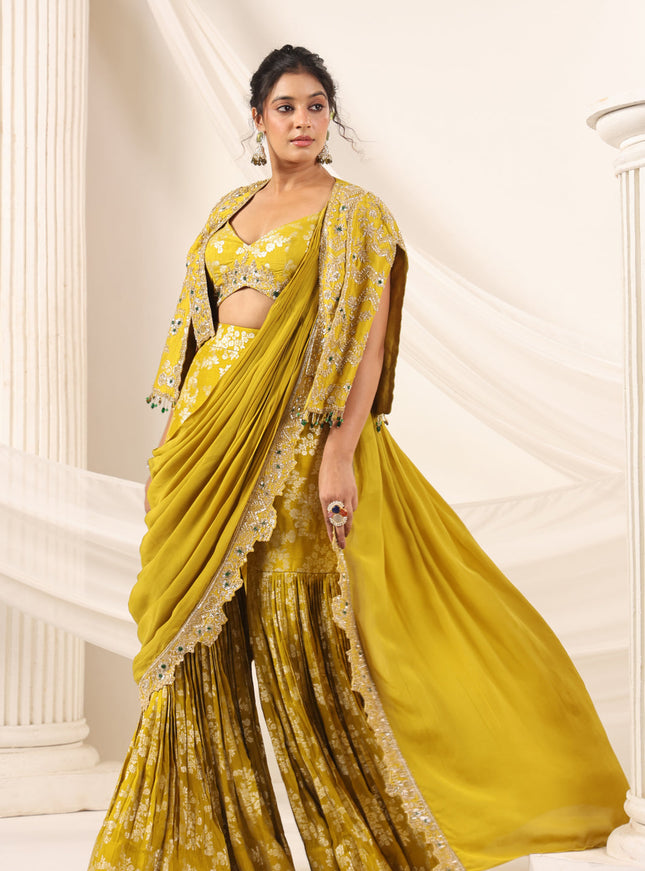Mustard Yellow Banarasi Indo Western Fusion Outfit With Crop Top Saree-Style Dreap Sharara Pant & Embellish Jacket