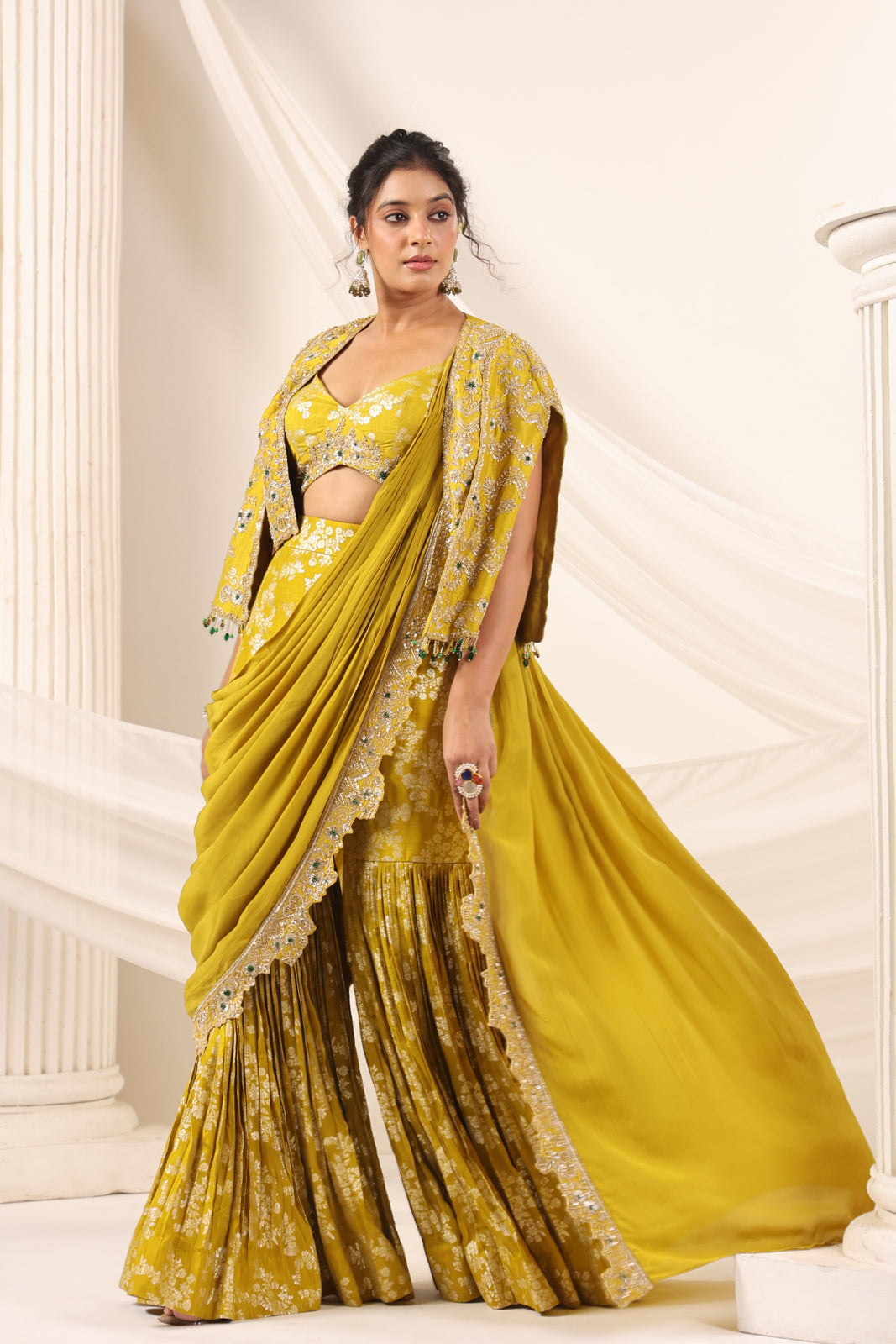 Mustard Yellow Banarasi Indo Western Fusion Outfit With Crop Top Saree-Style Dreap Sharara Pant & Embellish Jacket