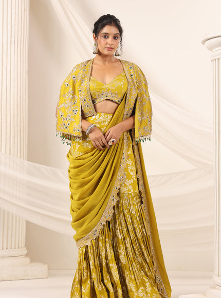 Mustard Yellow Banarasi Indo Western Fusion Outfit With Crop Top Saree-Style Dreap Sharara Pant & Embellish Jacket