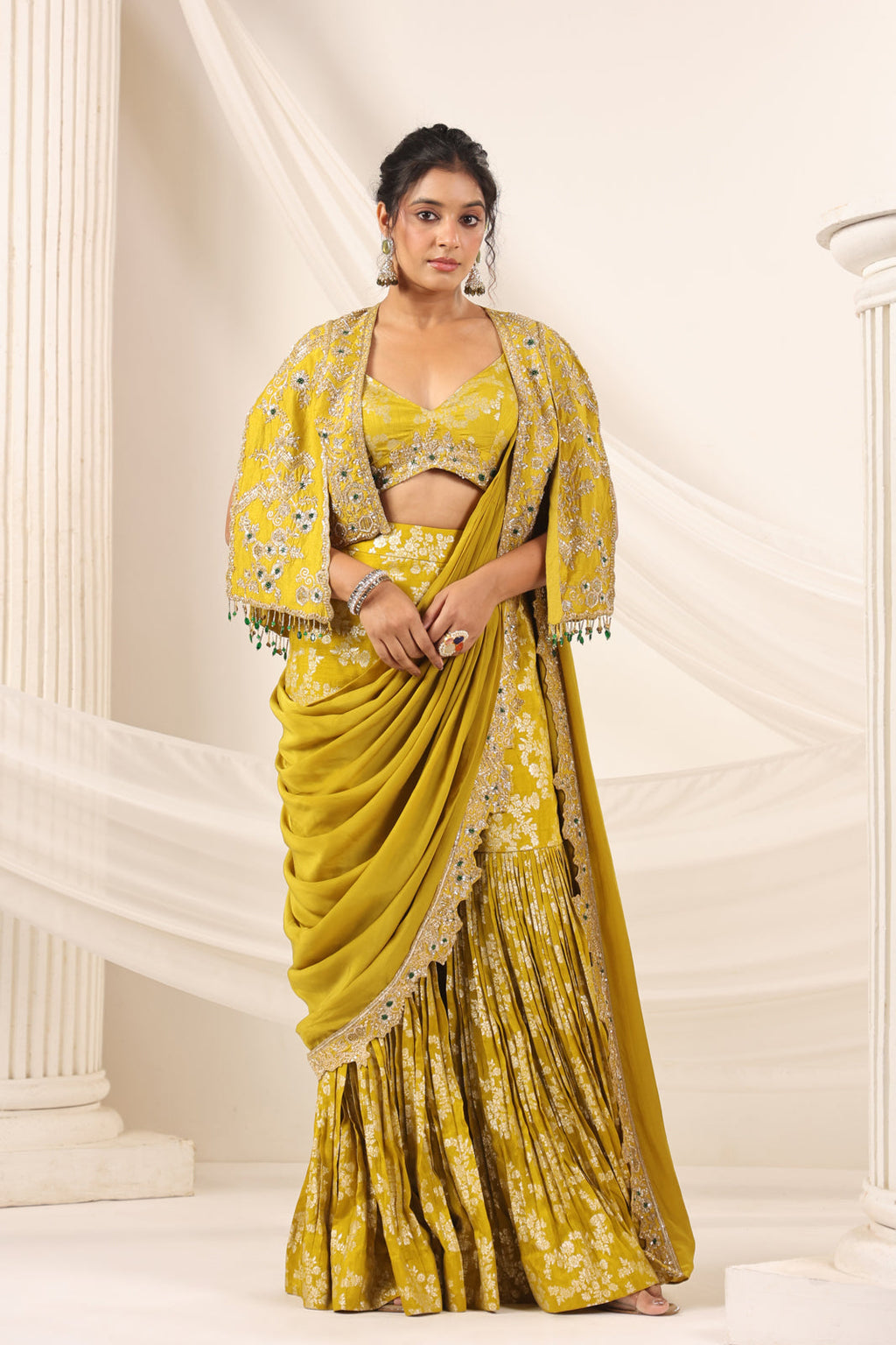 Mustard Yellow Banarasi Indo Western Fusion Outfit With Crop Top Saree-Style Dreap Sharara Pant & Embellish Jacket