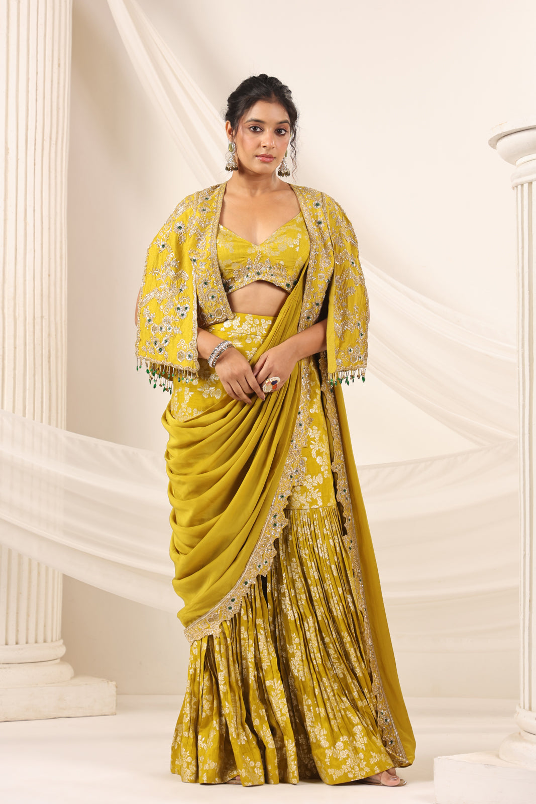 Mustard Yellow Banarasi Indo Western Fusion Outfit With Crop Top Saree-Style Dreap Sharara Pant & Embellish Jacket