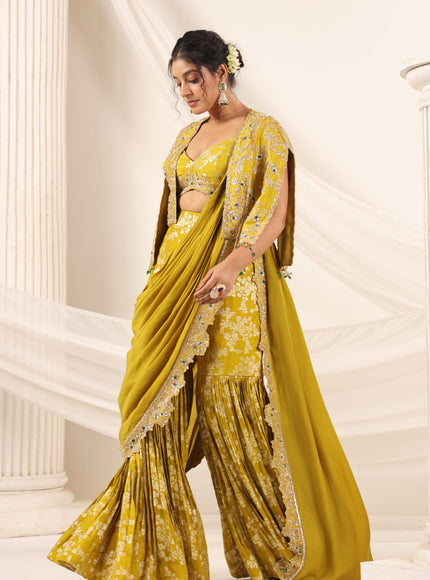 Mustard Yellow Banarasi Indo Western Fusion Outfit With Crop Top Saree-Style Dreap Sharara Pant & Embellish Jacket