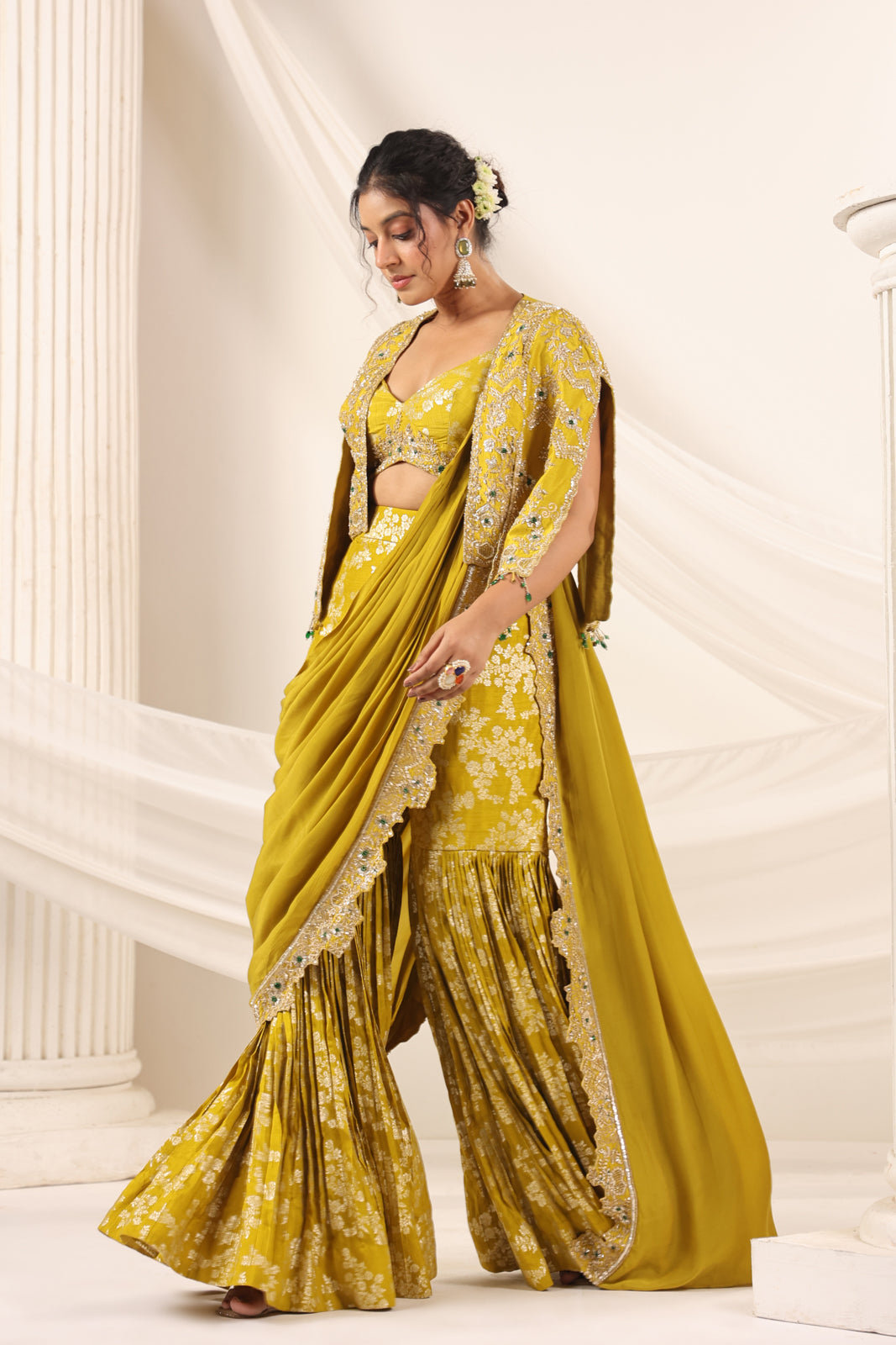 Mustard Yellow Banarasi Indo Western Fusion Outfit With Crop Top Saree-Style Dreap Sharara Pant & Embellish Jacket