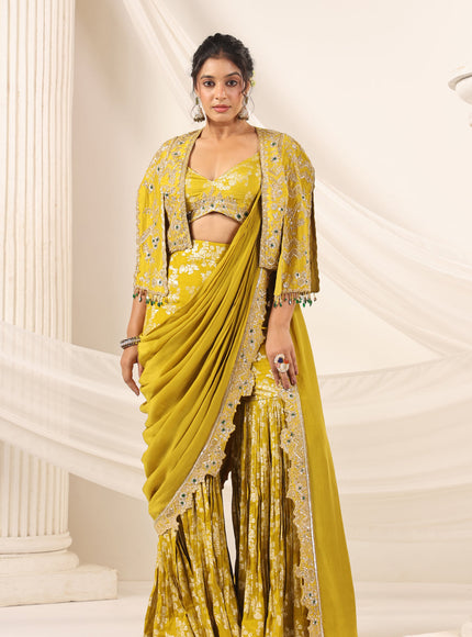 Mustard Yellow Banarasi Indo Western Fusion Outfit With Crop Top Saree-Style Dreap Sharara Pant & Embellish Jacket