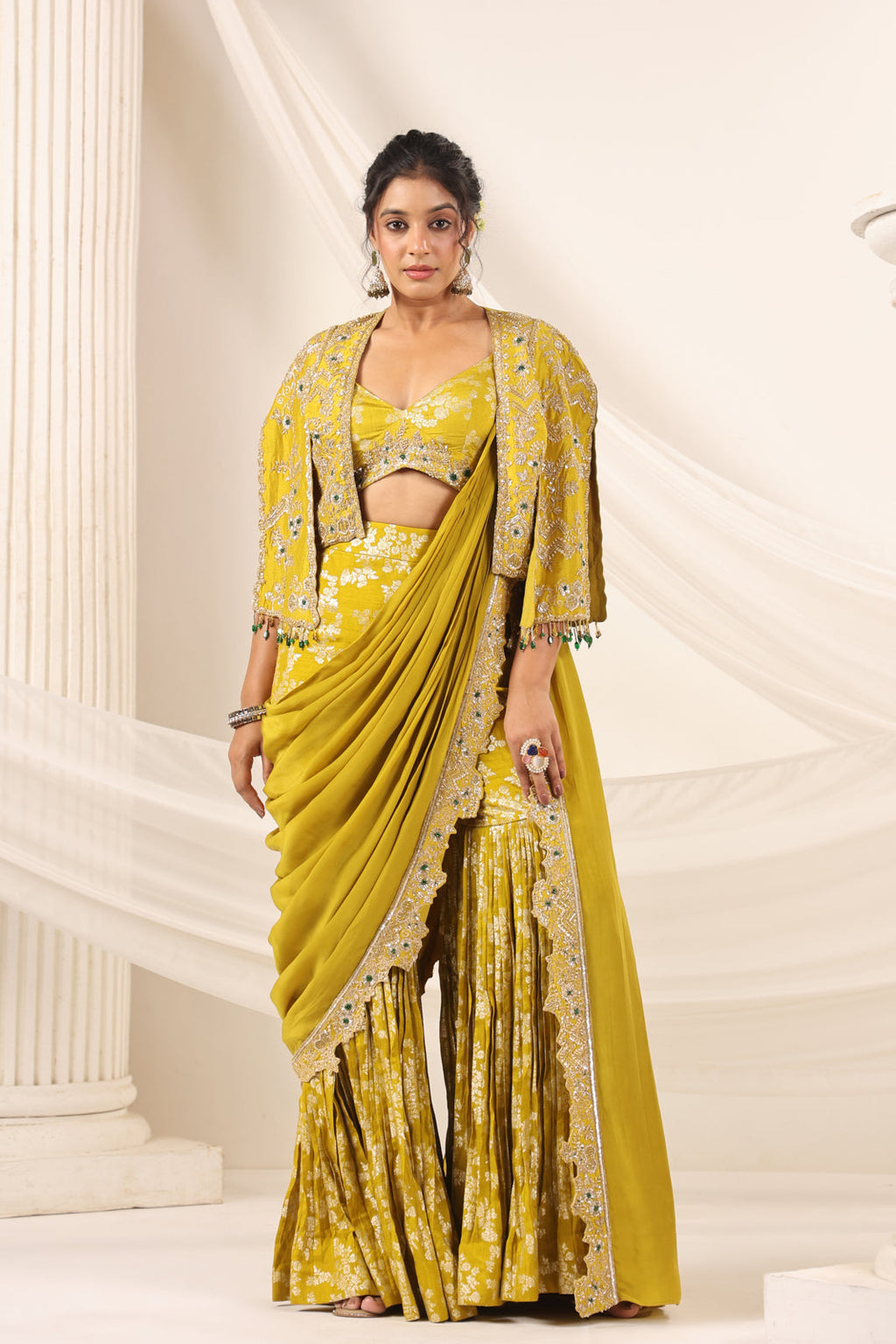 Mustard Yellow Banarasi Indo Western Fusion Outfit With Crop Top Saree-Style Dreap Sharara Pant & Embellish Jacket