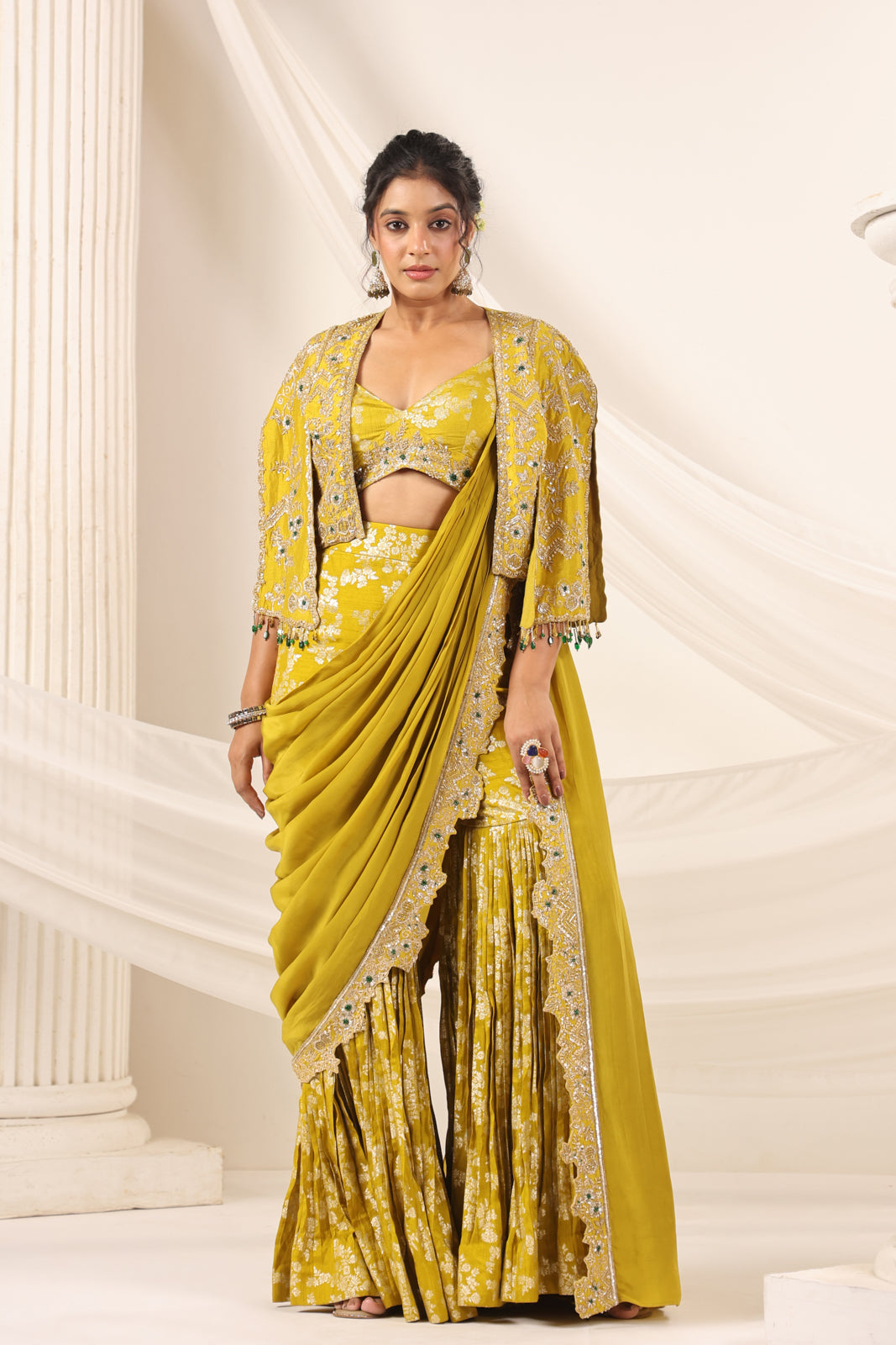 Mustard Yellow Banarasi Indo Western Fusion Outfit With Crop Top Saree-Style Dreap Sharara Pant & Embellish Jacket
