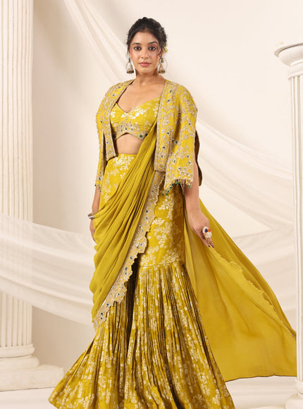 Mustard Yellow Banarasi Indo Western Fusion Outfit With Crop Top Saree-Style Dreap Sharara Pant & Embellish Jacket