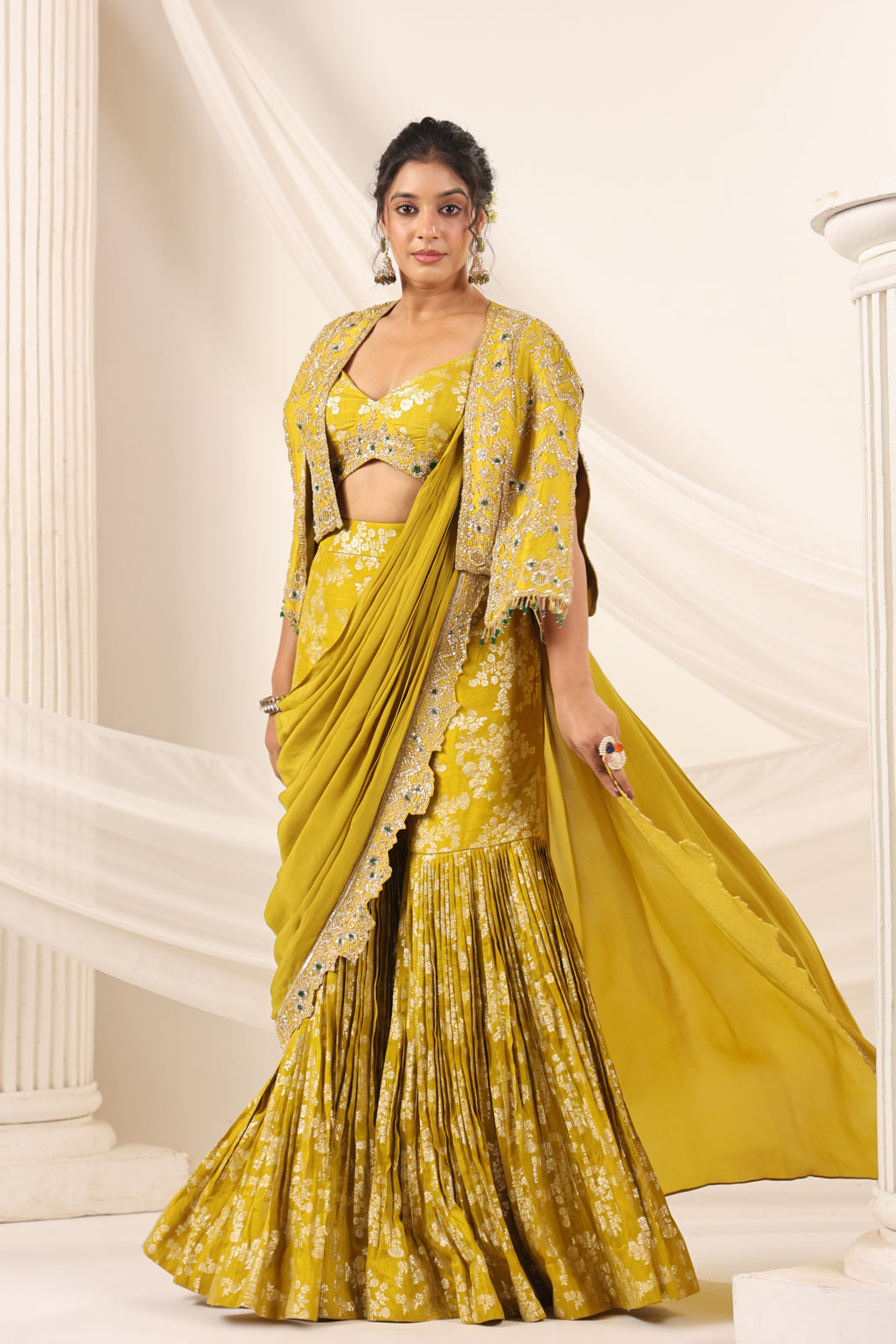 Mustard Yellow Banarasi Indo Western Fusion Outfit With Crop Top Saree-Style Dreap Sharara Pant & Embellish Jacket