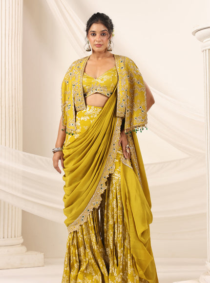 Mustard Yellow Banarasi Indo Western Fusion Outfit With Crop Top Saree-Style Dreap Sharara Pant & Embellish Jacket