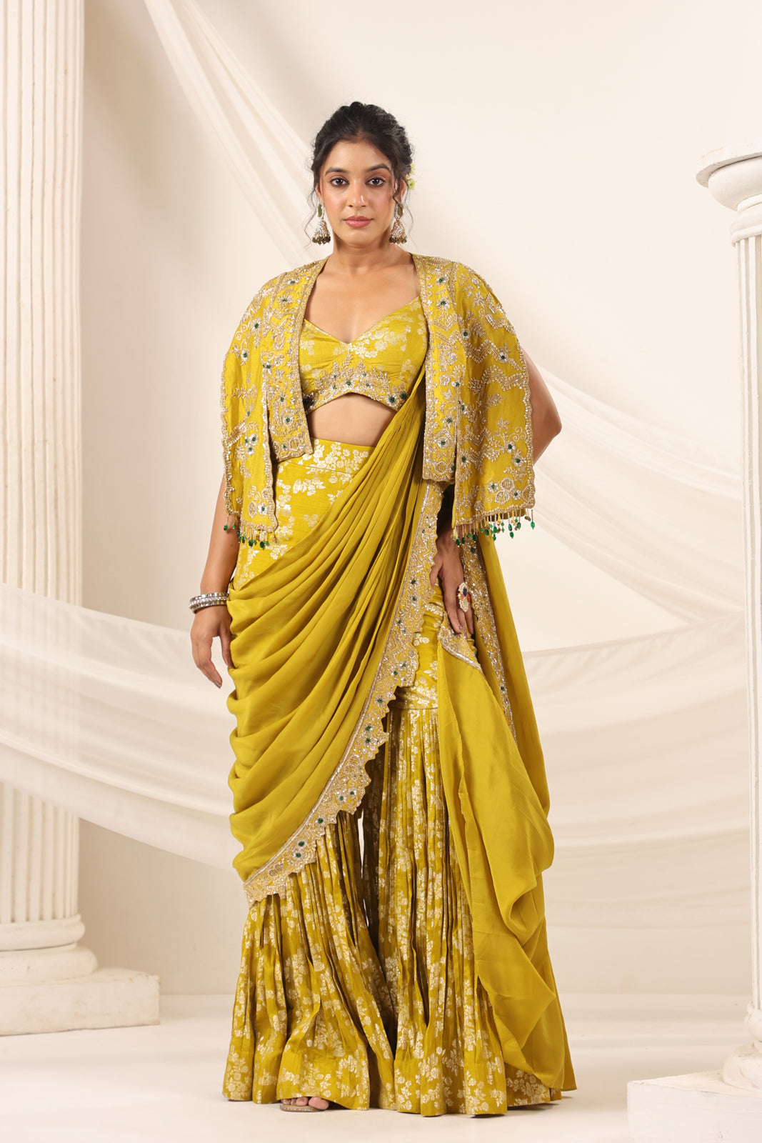 Mustard Yellow Banarasi Indo Western Fusion Outfit With Crop Top Saree-Style Dreap Sharara Pant & Embellish Jacket