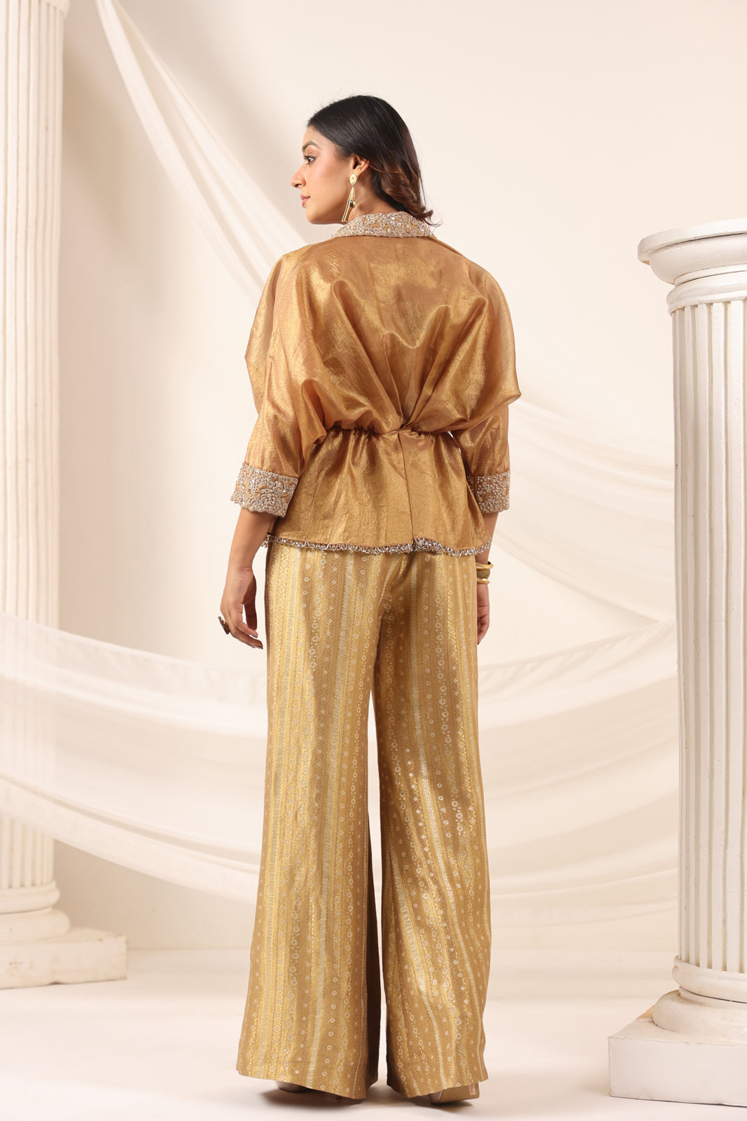 Golden Banarasi Silk Croptop With Flared Pant And Embroided Jacket