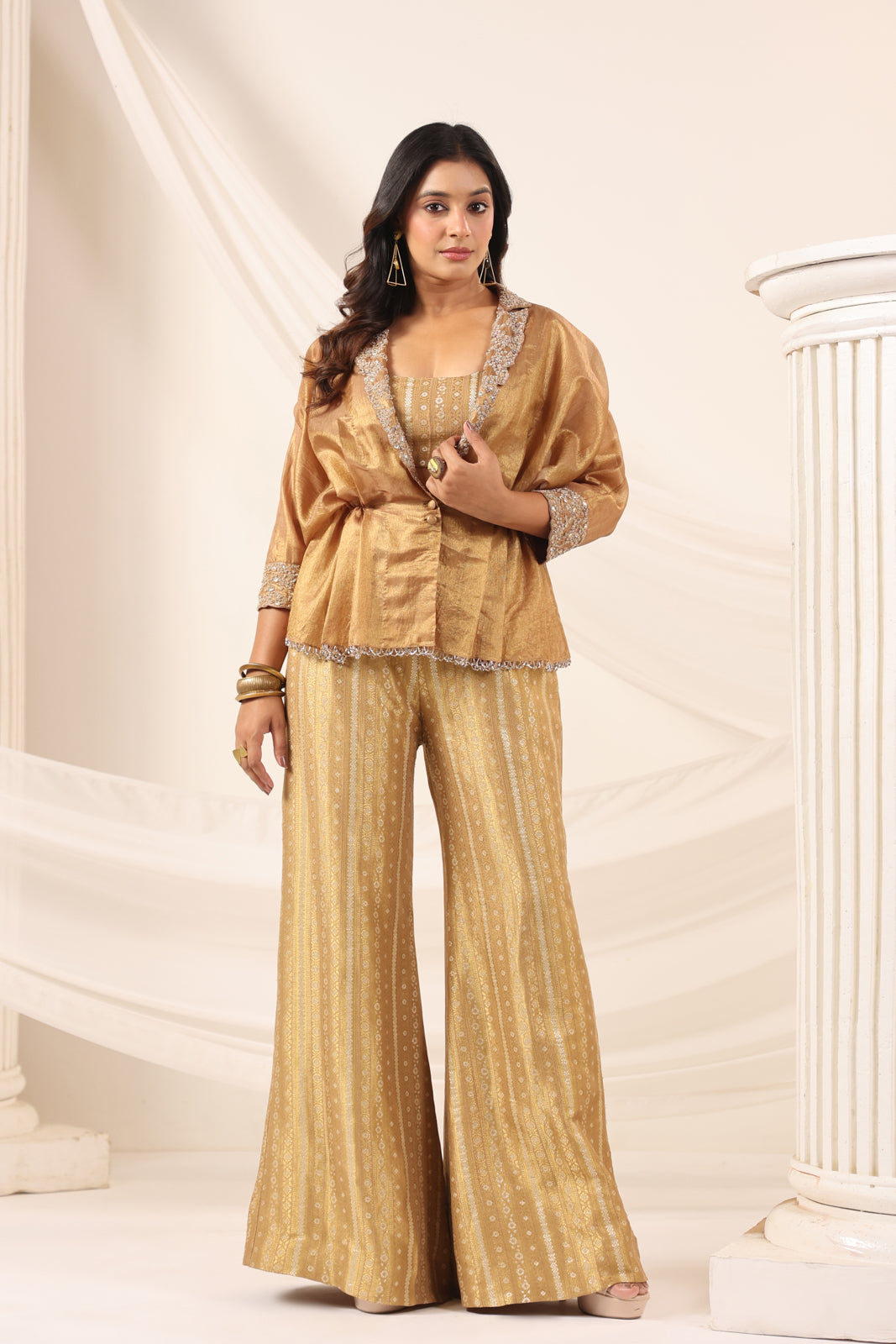 Golden Banarasi Silk Croptop With Flared Pant And Embroided Jacket