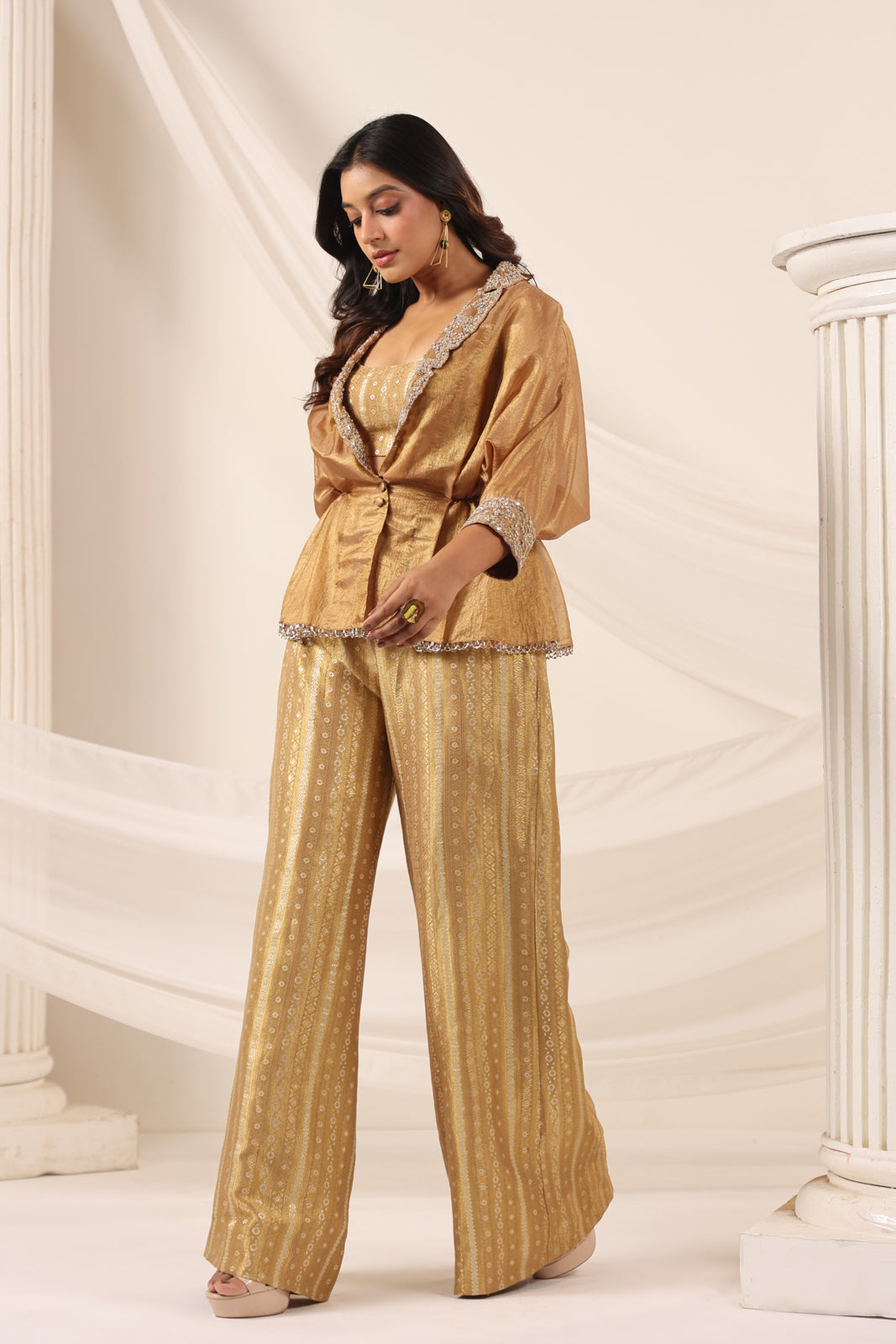 Golden Banarasi Silk Croptop With Flared Pant And Embroided Jacket
