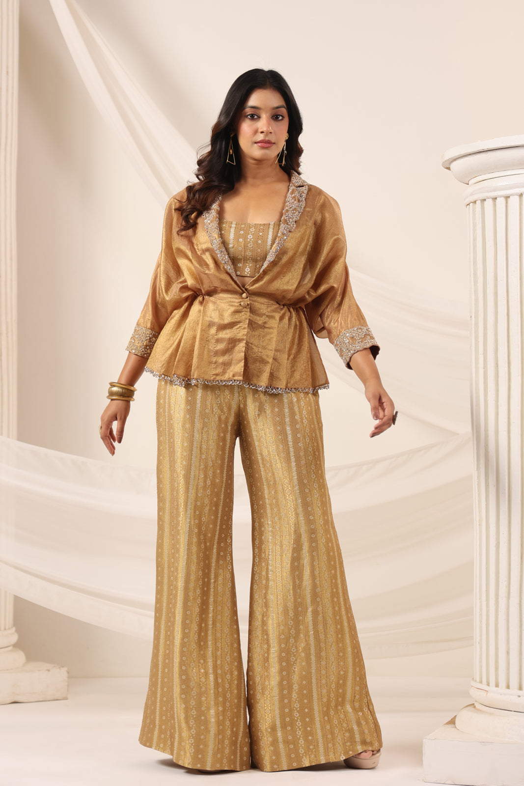 Golden Banarasi Silk Croptop With Flared Pant And Embroided Jacket