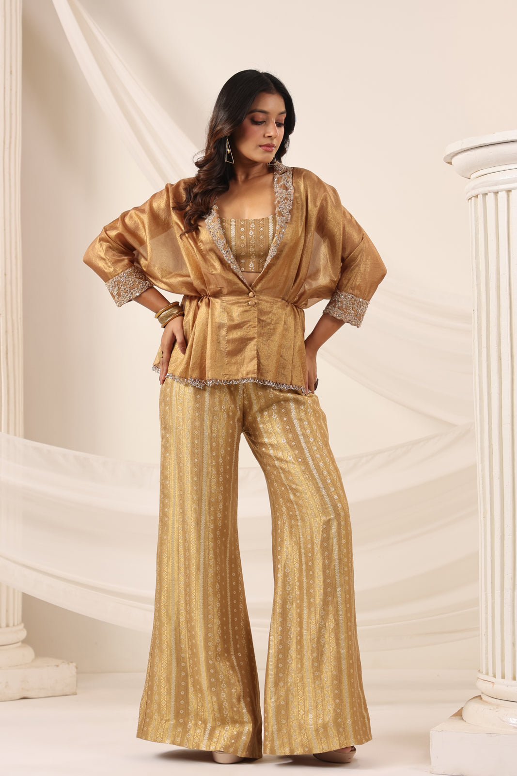 Golden Banarasi Silk Croptop With Flared Pant And Embroided Jacket