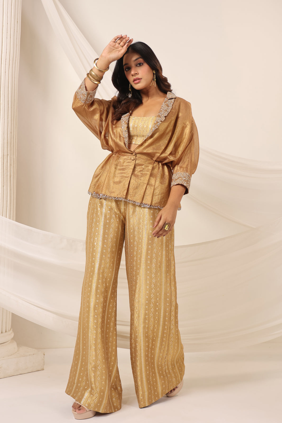 Golden Banarasi Silk Croptop With Flared Pant And Embroided Jacket