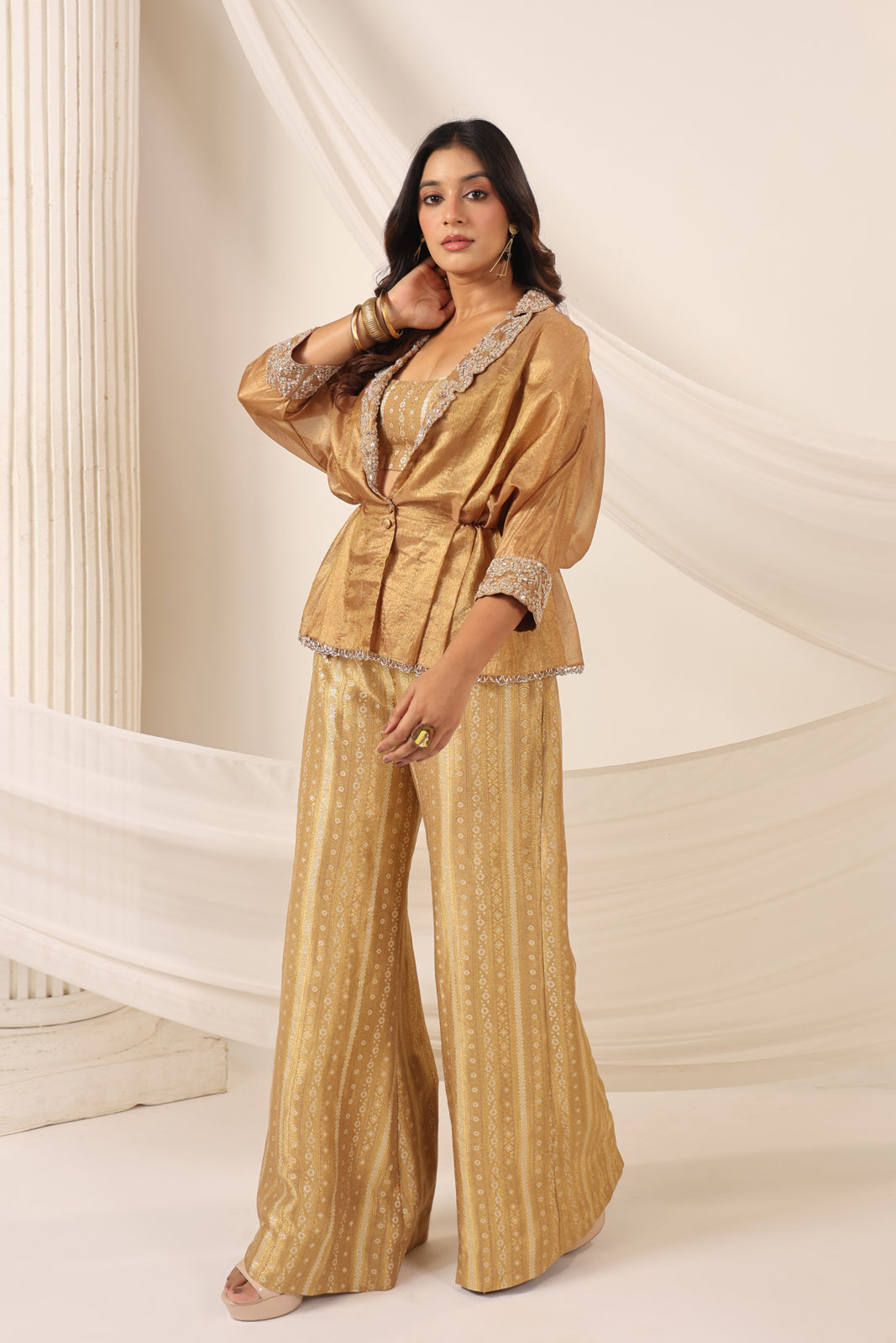 Golden Banarasi Silk Croptop With Flared Pant And Embroided Jacket