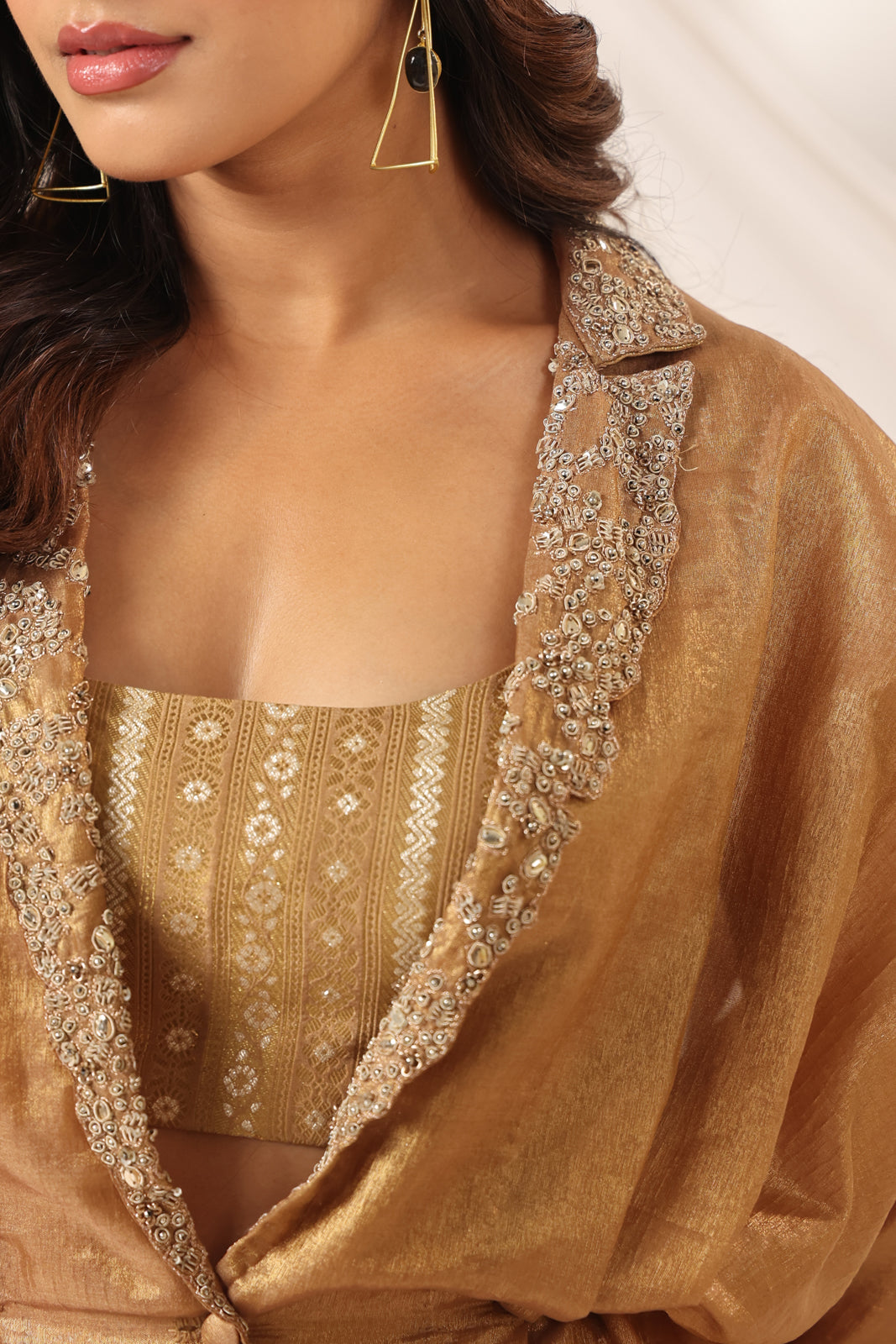 Golden Banarasi Silk Croptop With Flared Pant And Embroided Jacket