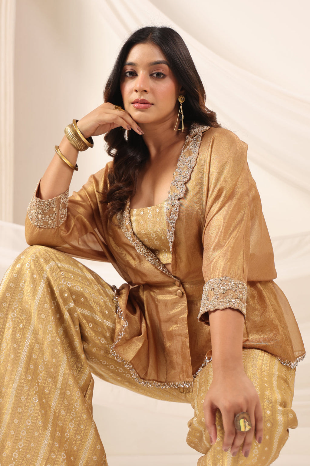Golden Banarasi Silk Croptop With Flared Pant And Embroided Jacket