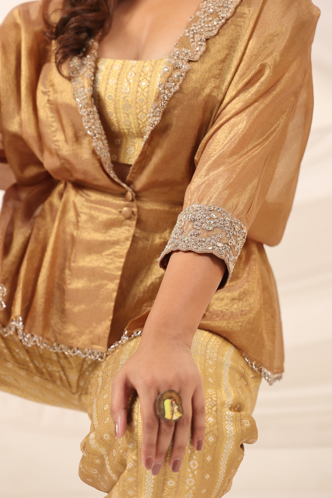 Golden Banarasi Silk Croptop With Flared Pant And Embroided Jacket