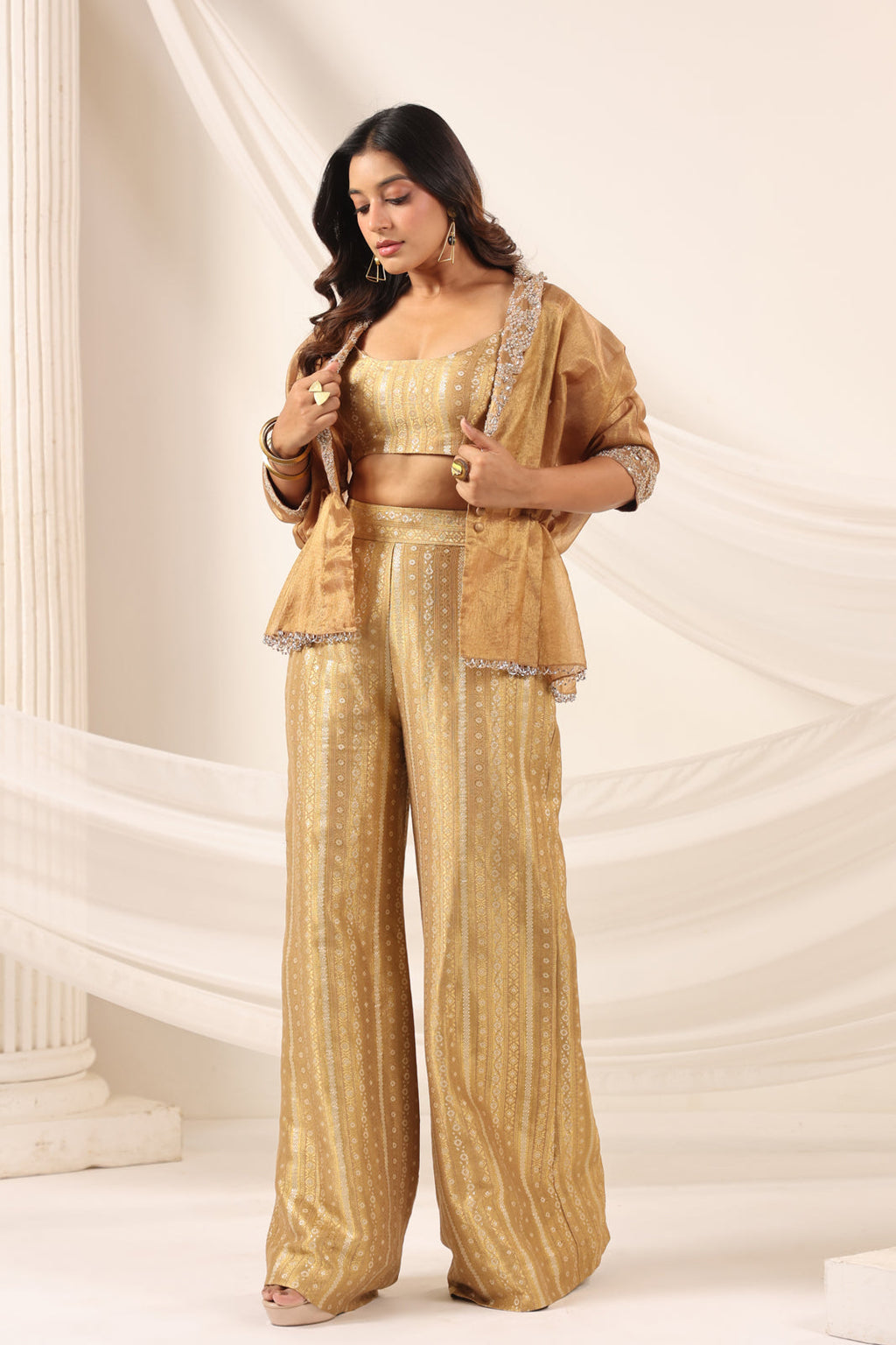 Golden Banarasi Silk Croptop With Flared Pant And Embroided Jacket