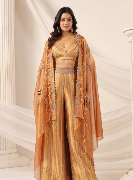 Rustic Orange Banarasi Silk Indo Western Crop Top And Pant With Embellish Cape & Belt