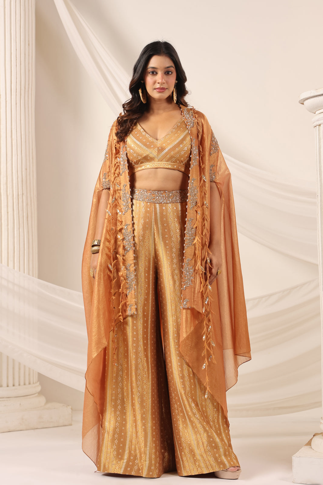 Rustic Orange Banarasi Silk Indo Western Crop Top And Pant With Embellish Cape & Belt
