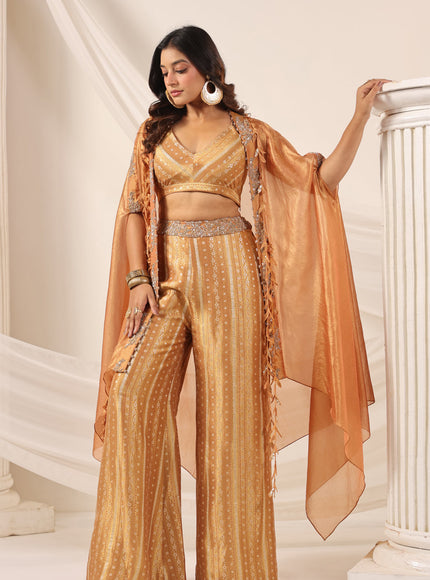 Rustic Orange Banarasi Silk Indo Western Crop Top And Pant With Embellish Cape & Belt