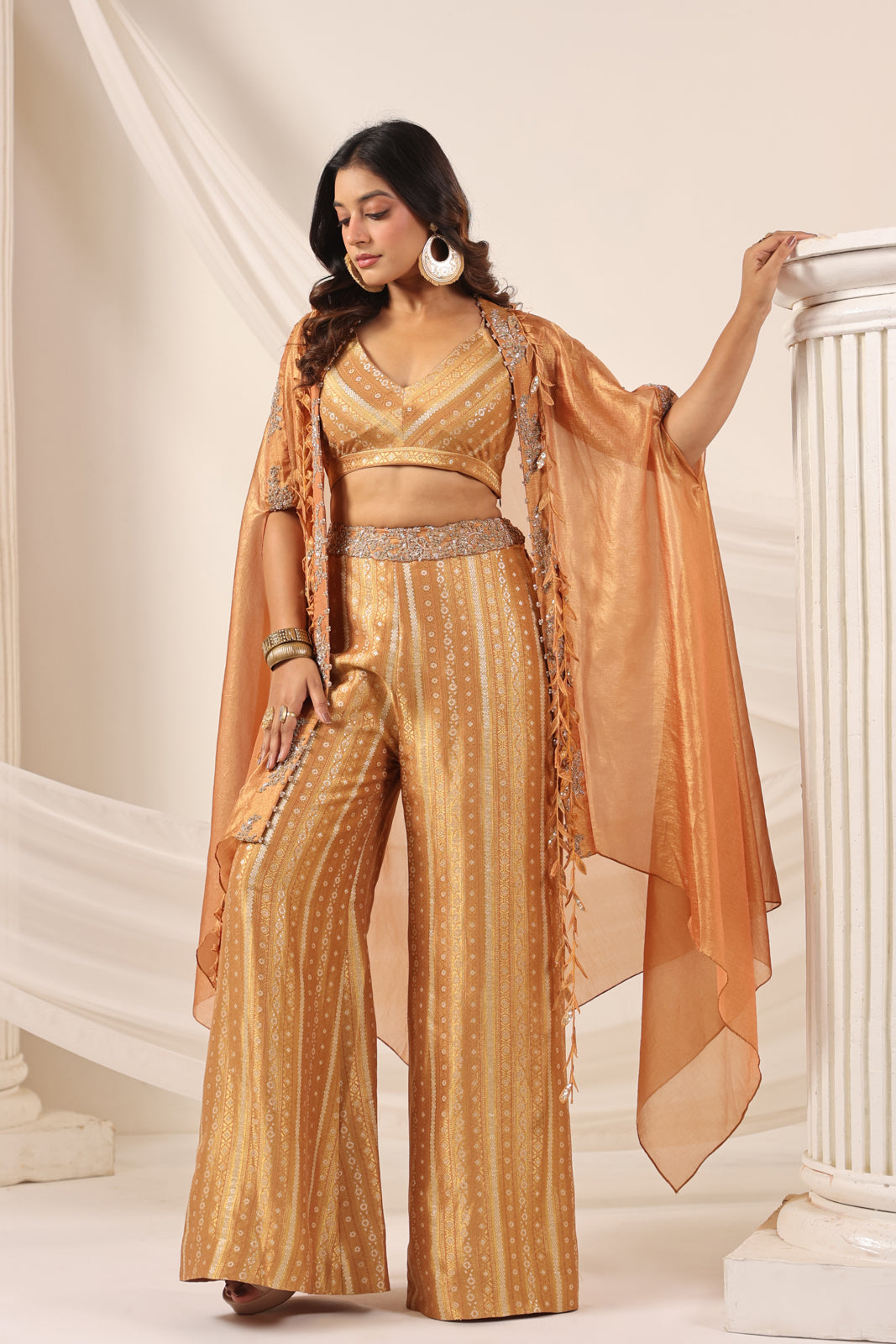 Rustic Orange Banarasi Silk Indo Western Crop Top And Pant With Embellish Cape & Belt