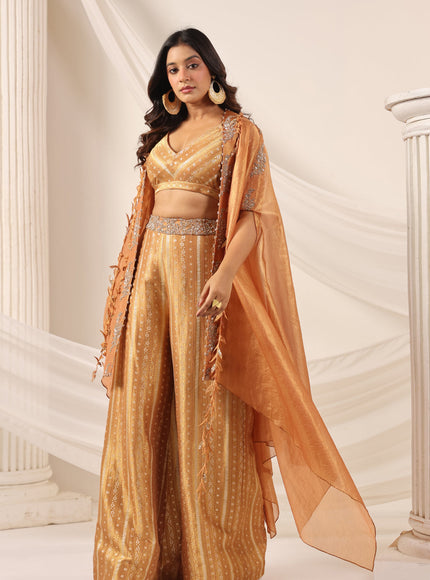 Rustic Orange Banarasi Silk Indo Western Crop Top And Pant With Embellish Cape & Belt