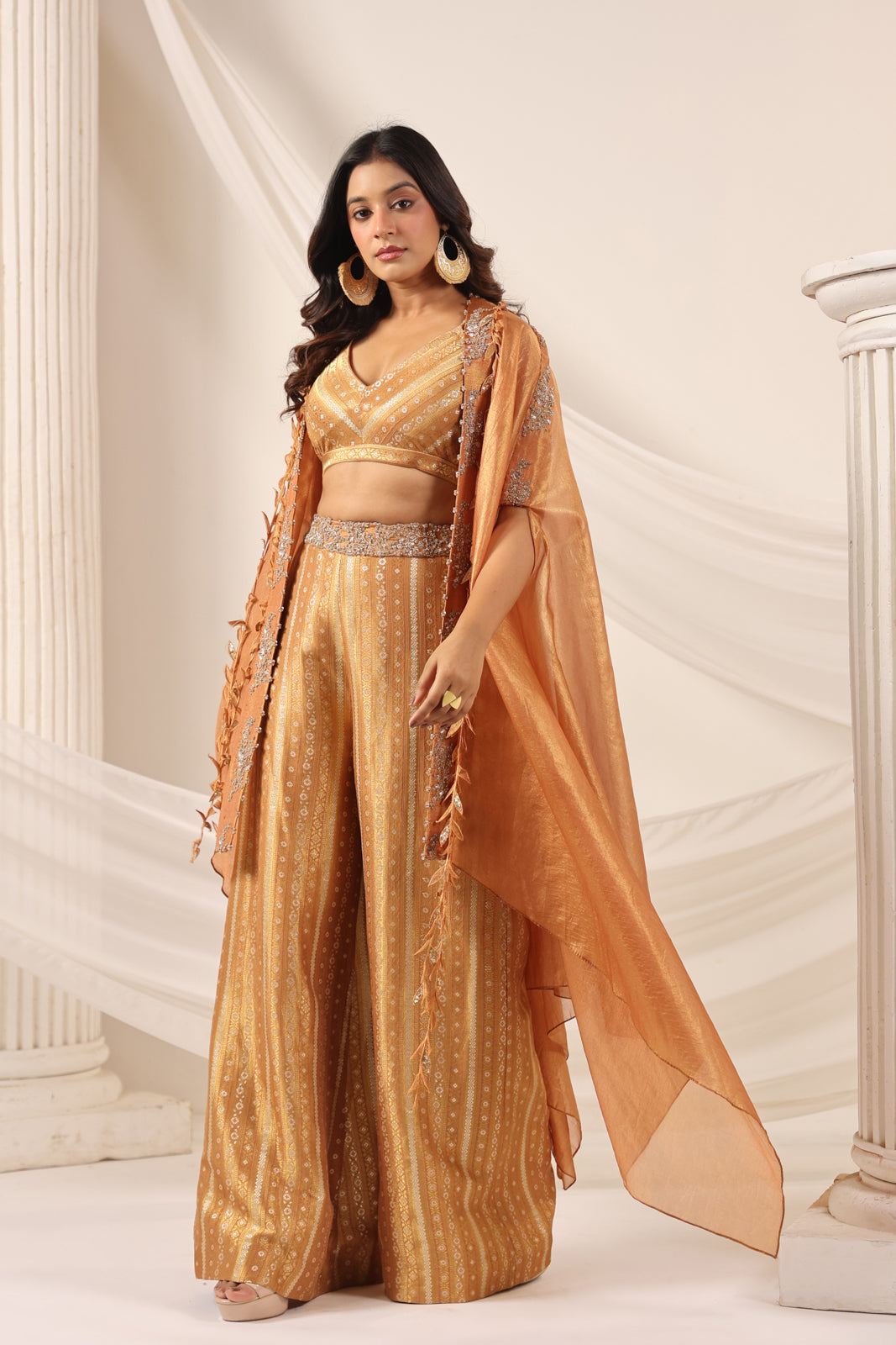 Rustic Orange Banarasi Silk Indo Western Crop Top And Pant With Embellish Cape & Belt