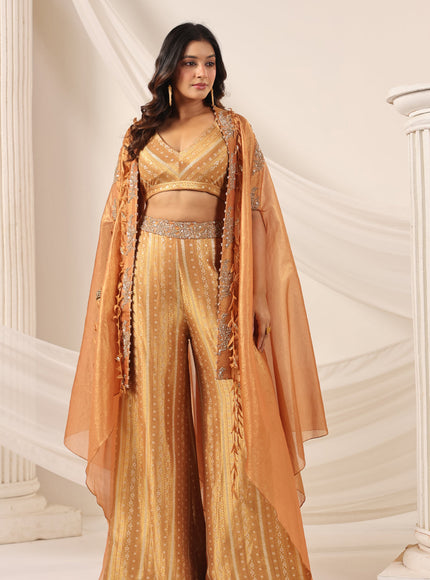 Rustic Orange Banarasi Silk Indo Western Crop Top And Pant With Embellish Cape & Belt