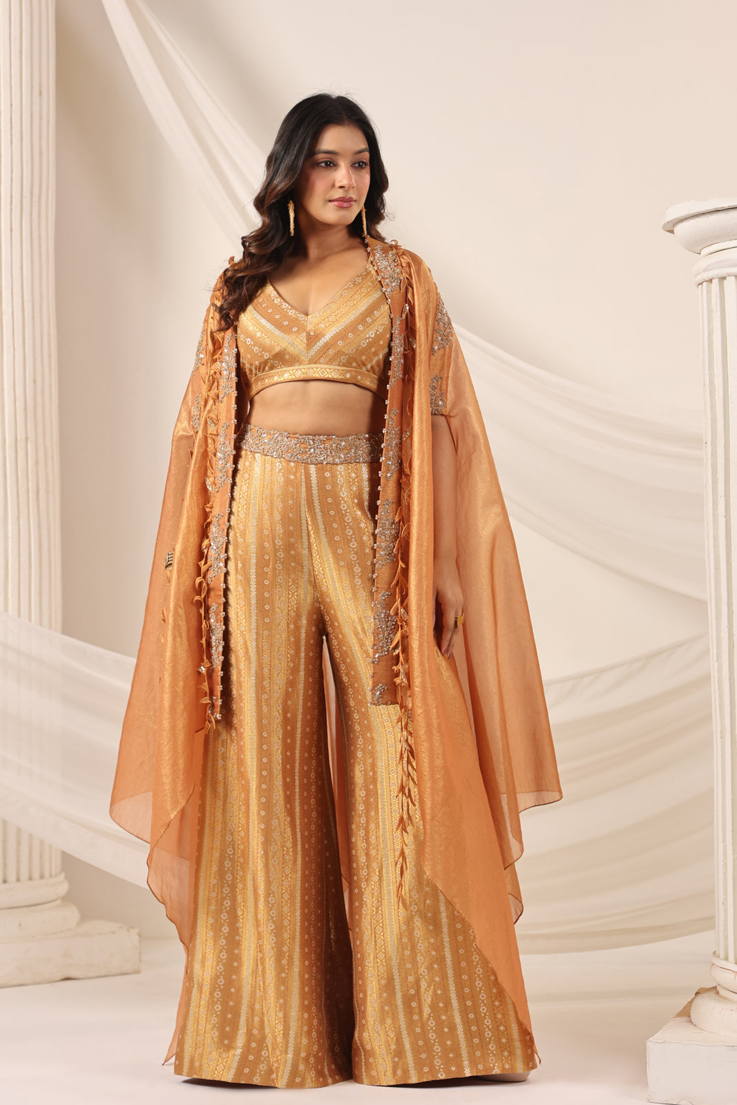 Rustic Orange Banarasi Silk Indo Western Crop Top And Pant With Embellish Cape & Belt