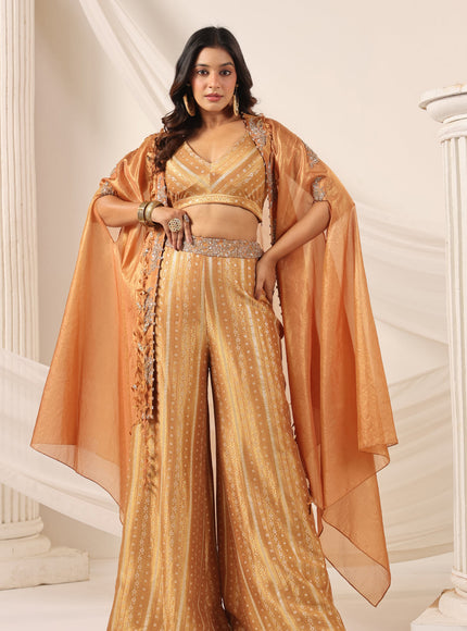 Rustic Orange Banarasi Silk Indo Western Crop Top And Pant With Embellish Cape & Belt