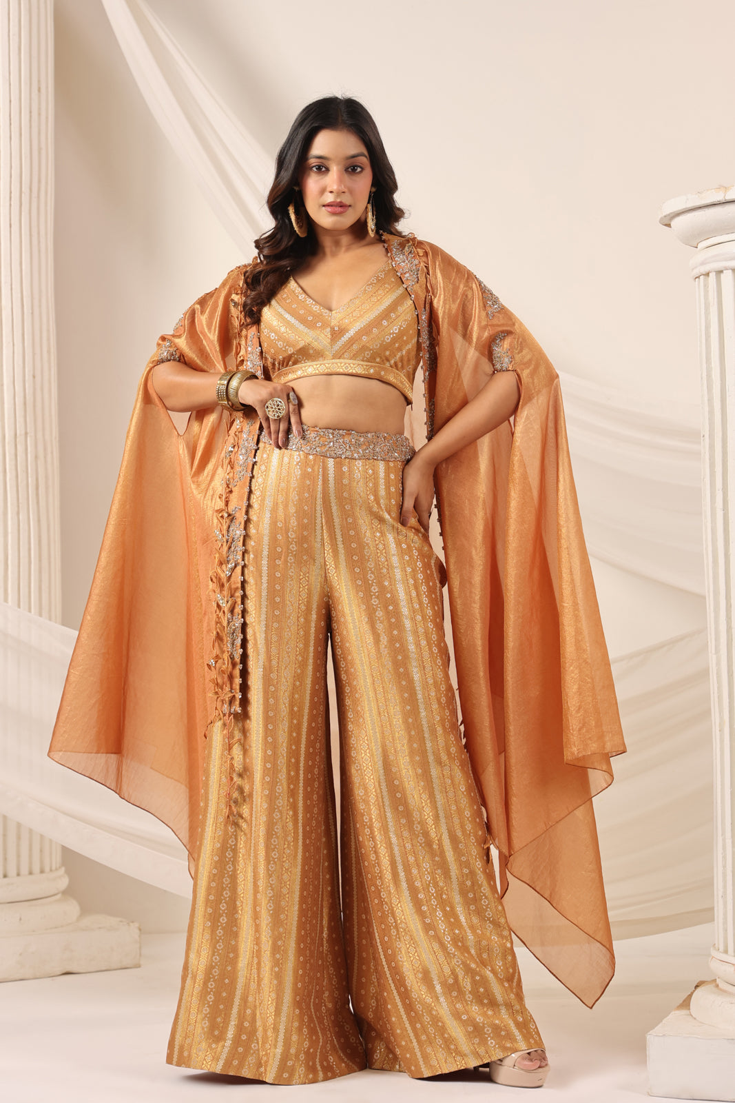 Rustic Orange Banarasi Silk Indo Western Crop Top And Pant With Embellish Cape & Belt
