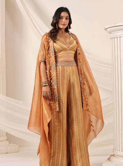 Rustic Orange Banarasi Silk Indo Western Crop Top And Pant With Embellish Cape & Belt